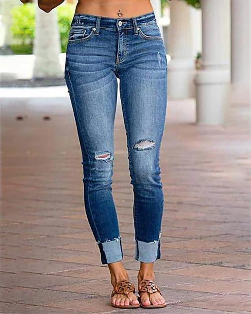 

Ripped Denim Casual Pants, Blue
