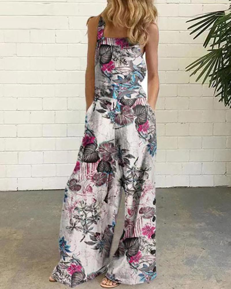 

Polkadot / Tropical Print Pocket Design Wide Leg Jumpsuit, Pink