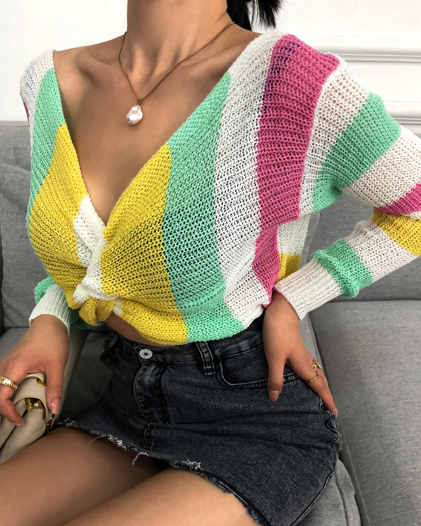 

Colorblock Twisted Long Sleeve Casual Sweater, Yellow&white