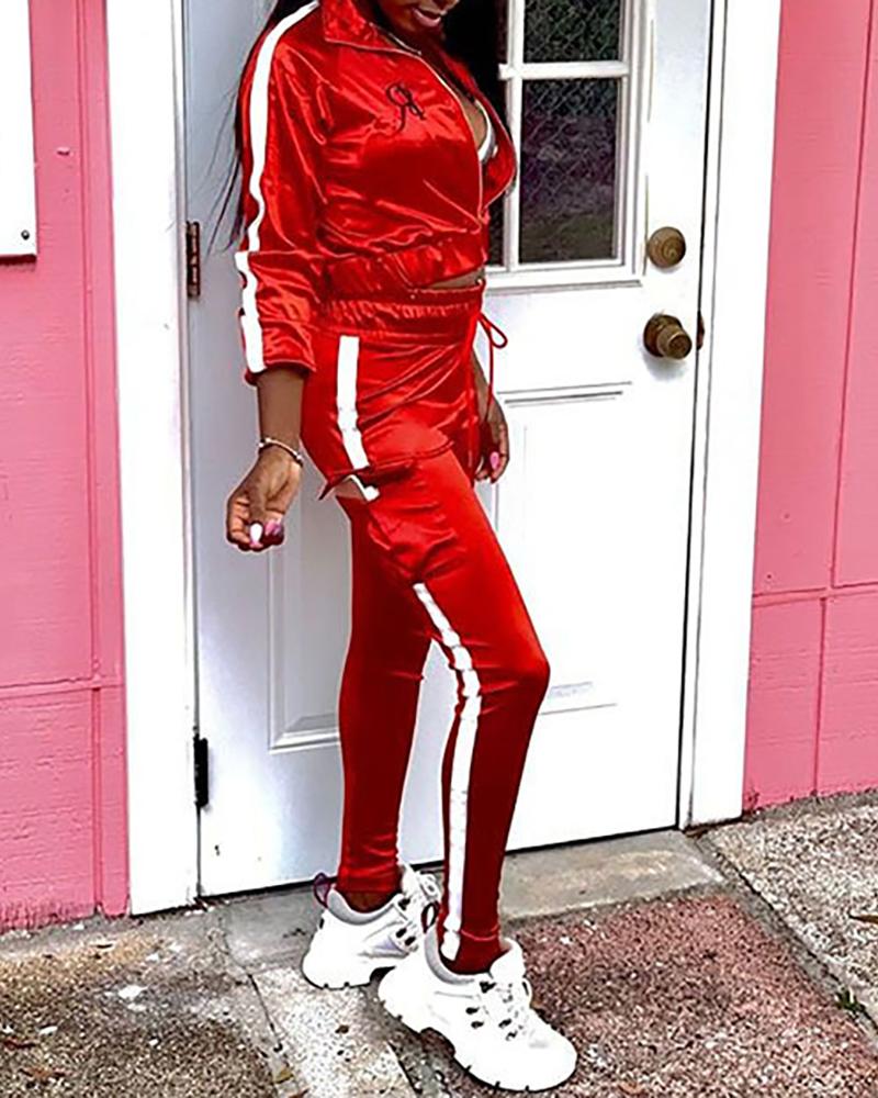 

Striped Tape Zipper Design Crop Top & Drawstring Pants Set, Red