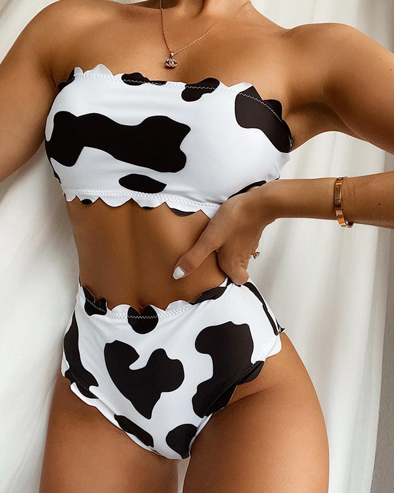 

Bandeau Cow Print High Waist Tankini Set, White