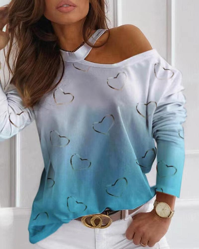 

Gradient Heart Print Cold Shoulder Top, Light blue