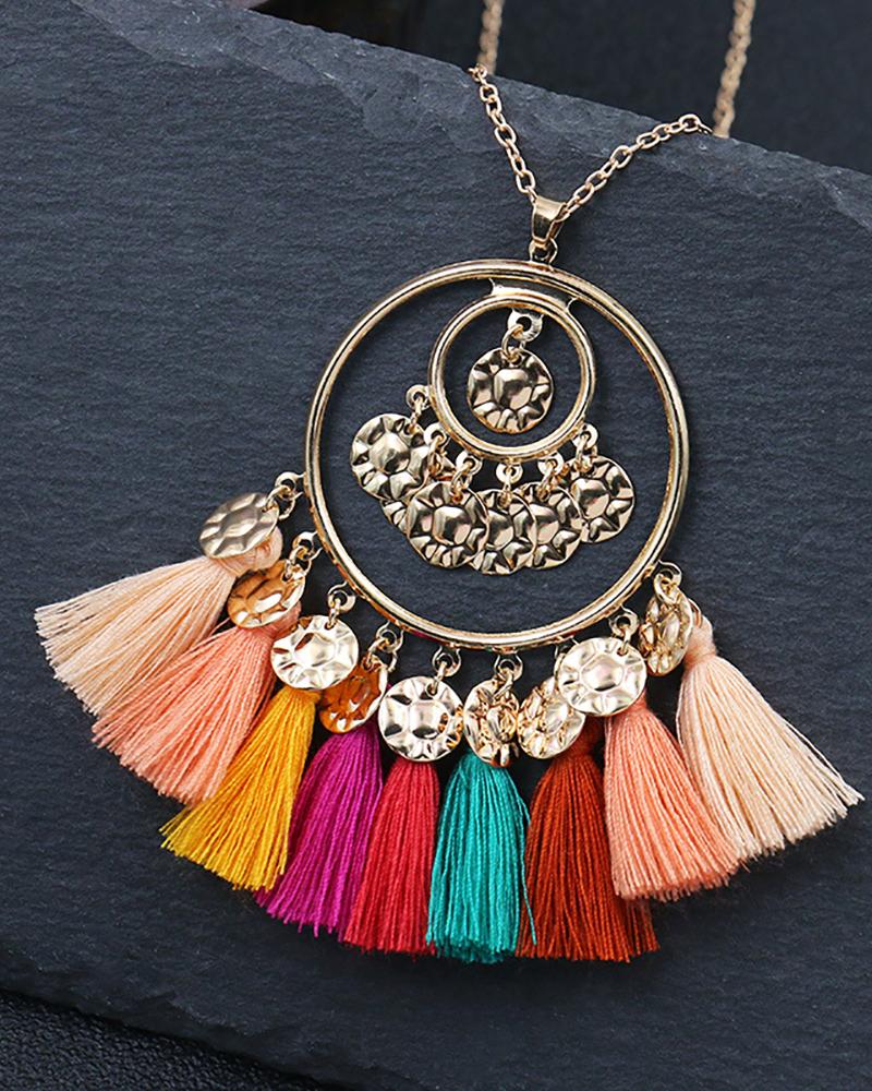 

1Pair Disc Tassel Design Round Shaped Drop Earrings, Multicolor