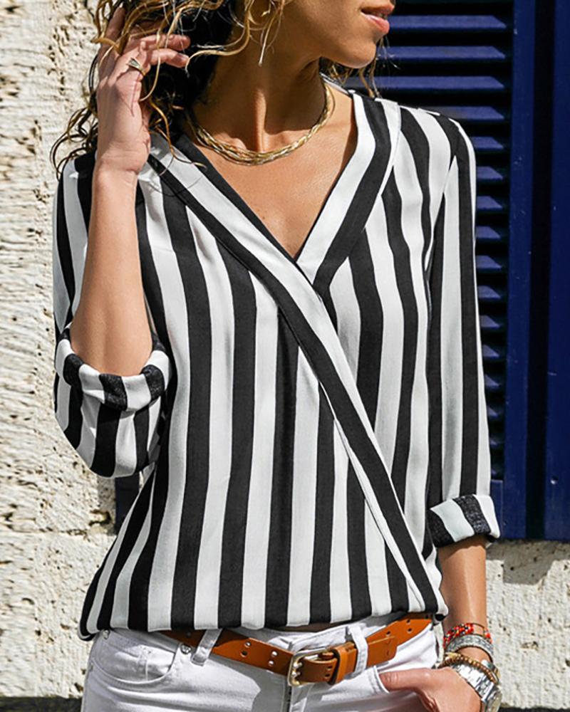 

Long Sleeve V Neck Striped Blouse, Black