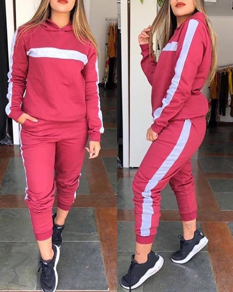 

Striped Tape Hooded Top & Pocket Design Pants Set, Red