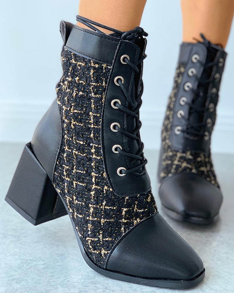 

Tweed Eyelet Lace-up Chunky Heeled Boots, Black