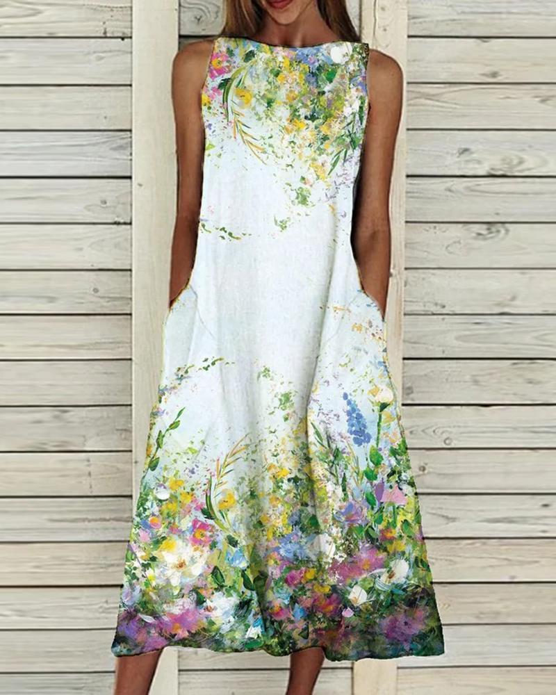 

Pocket Design Sleeveless Floral Print Colorblock Casual Dress, Green