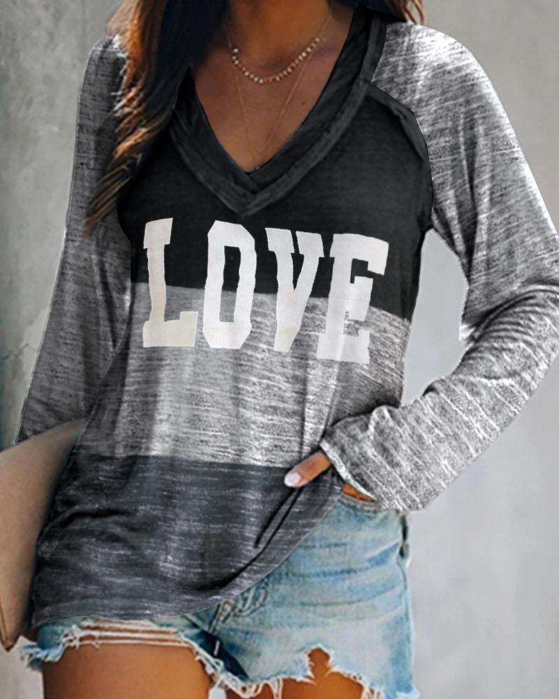 

Letter Print Colorblock Long Sleeve Casual T-shirt, Gray