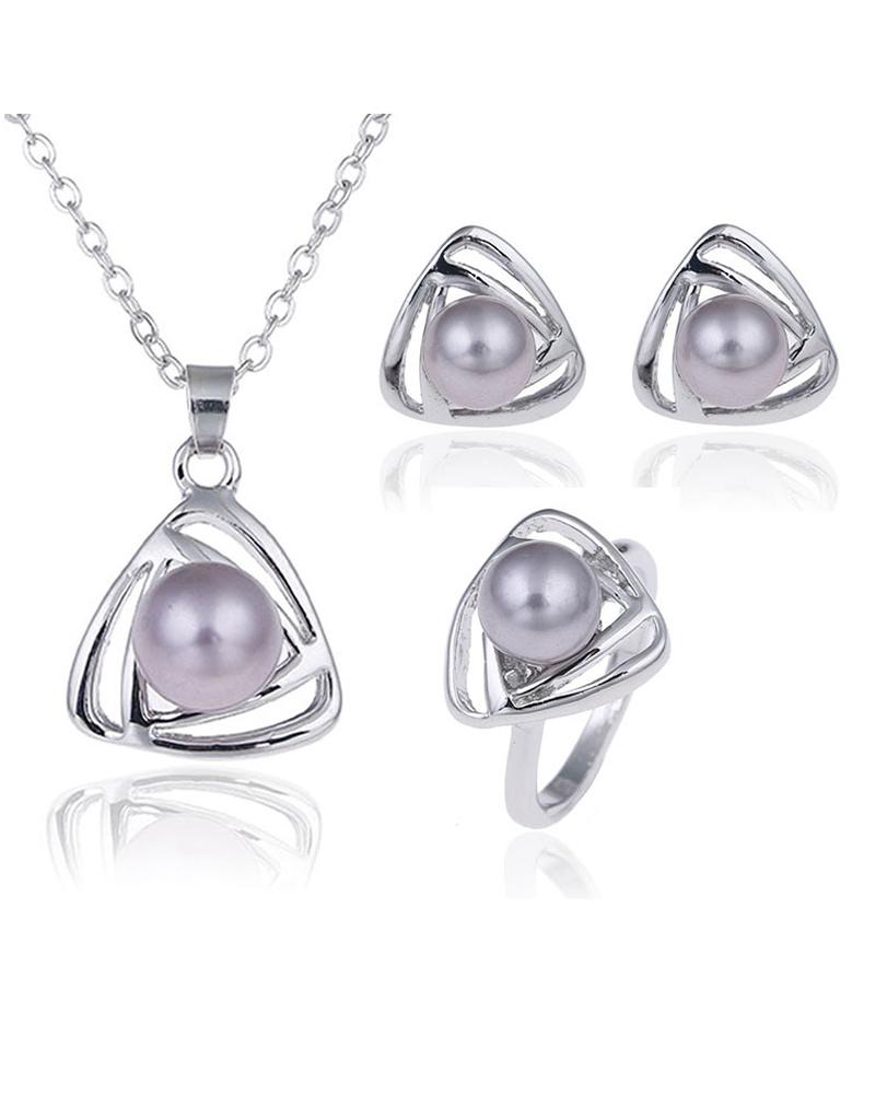 

4PCS Geometry Pattern Beaded Pendant Necklace & Earrings & Ring Set, Silver