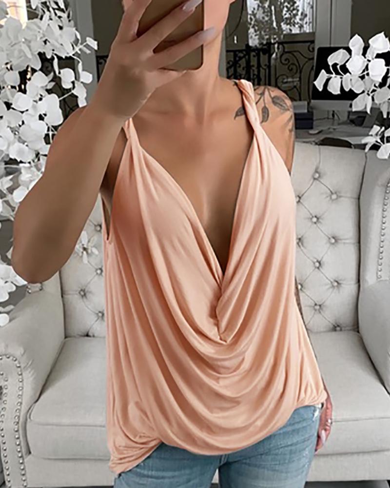 

Sleeveless Solid V Neck Sling Top, Pink