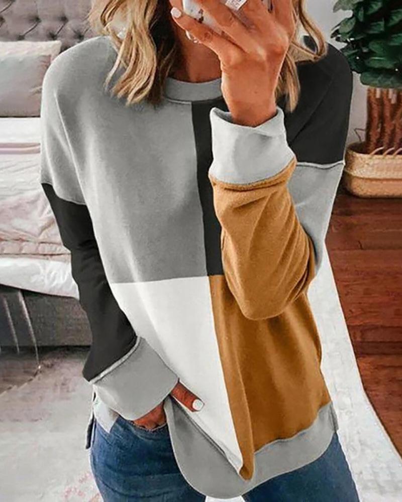 

Colorblock Long Sleeve Casual Sweatshirt, Brown