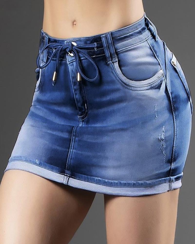 

Drawstring Ripped Colorblock Mid-waist Denim Skirt, Dark blue