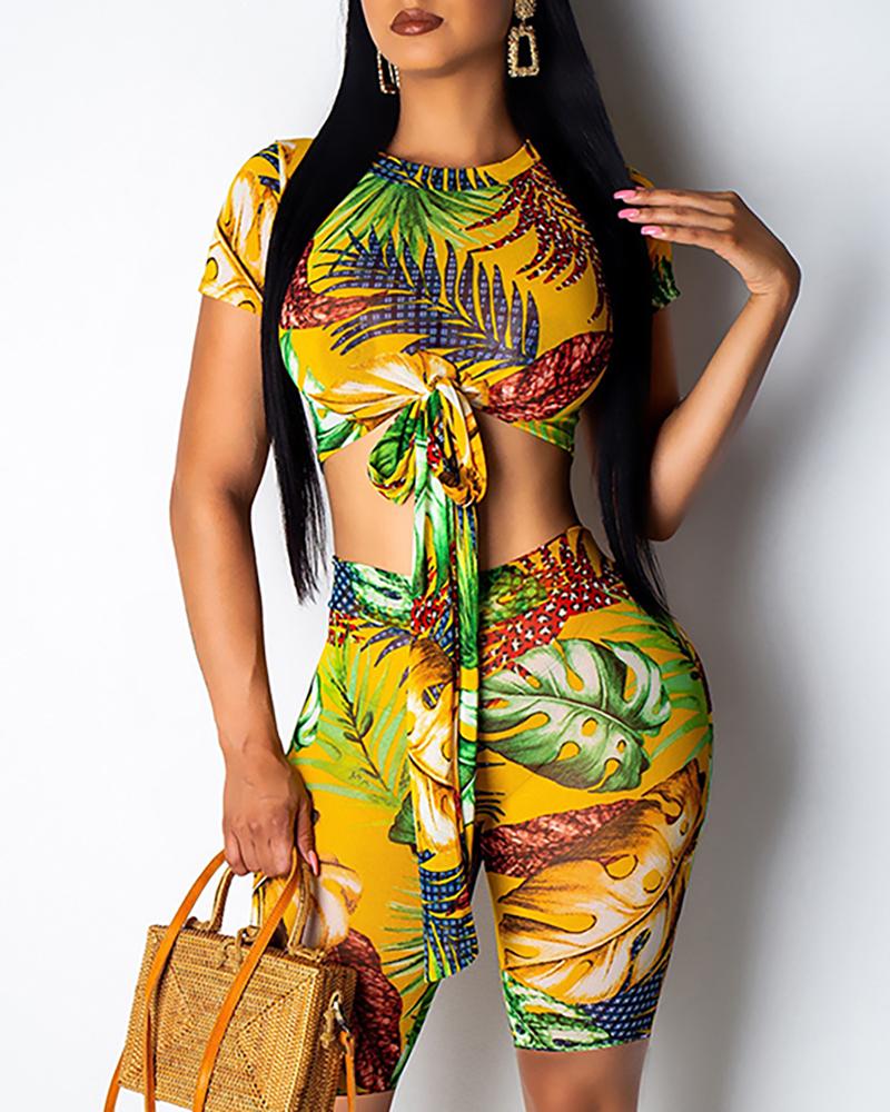 

Tropical Print Knotted Front Top & Short Set, Yellow