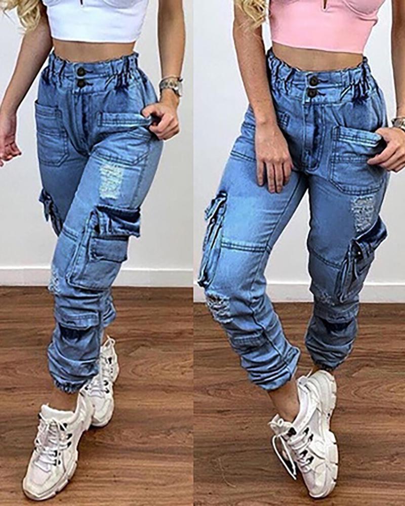 

Pocket Design Ripped Casual Jeans, Dark blue