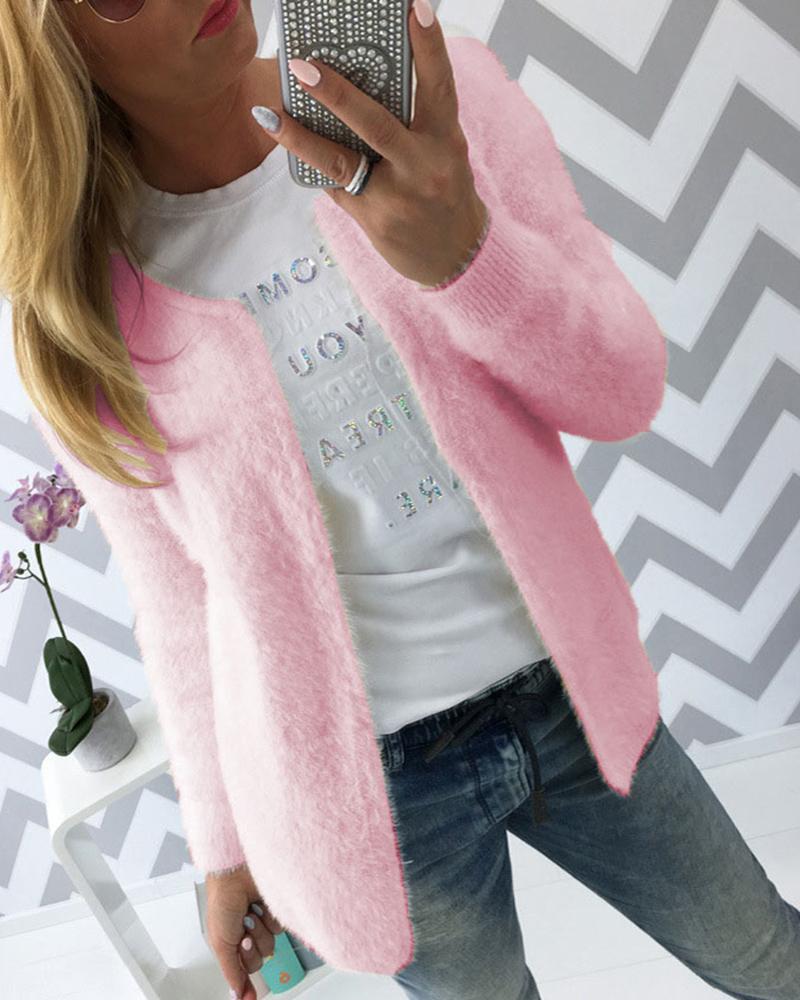 

Solid Long Sleeve Fluffy Coat, Pink