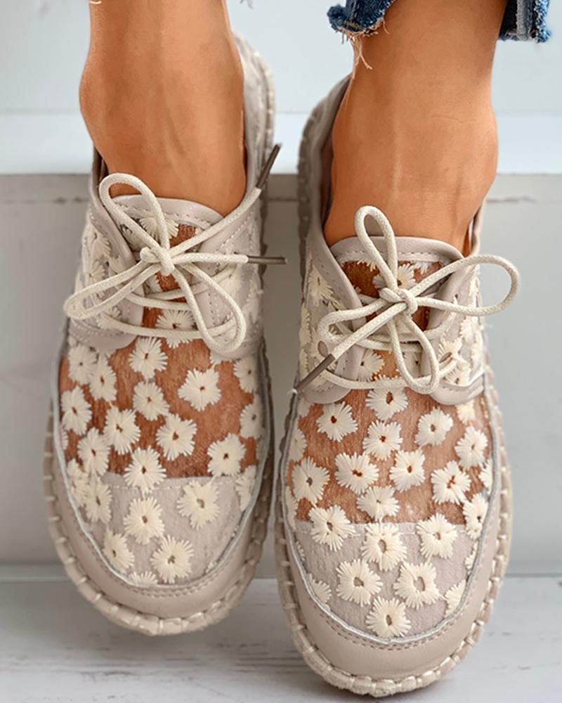

Floral Pattern Woven Flax Lace-up Sneakers, Apricot