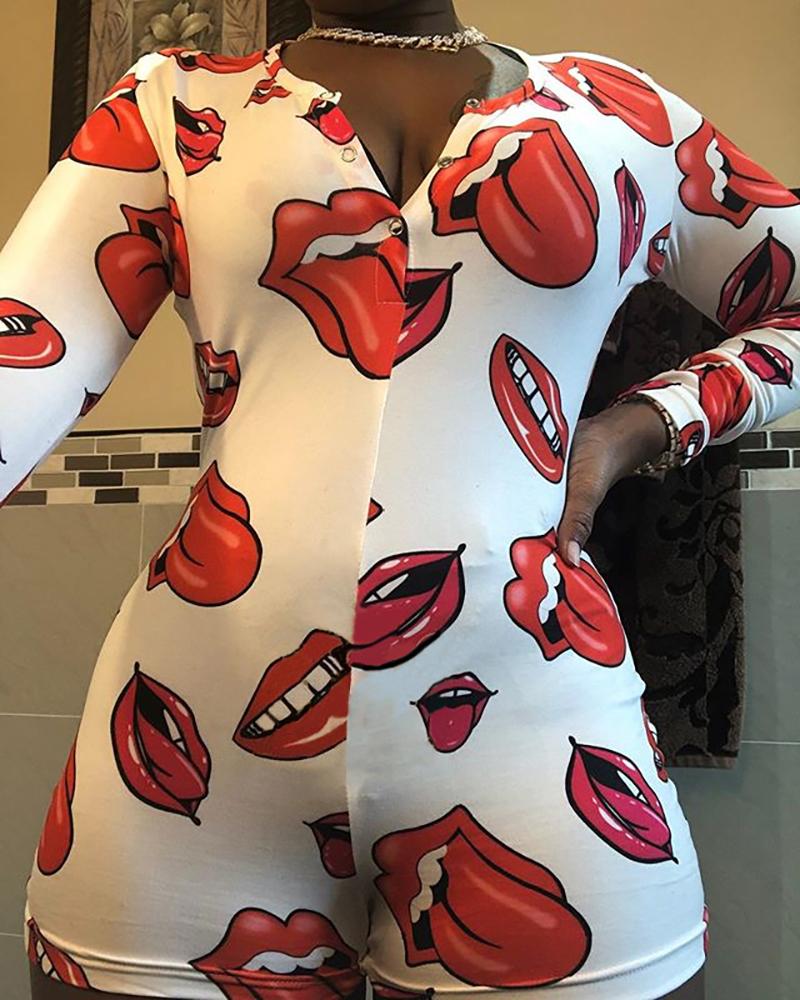 

Plus Size Graphic Print Long Sleeve Romper, Red