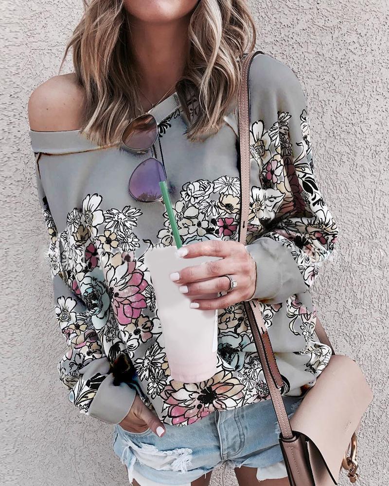 

Floral Print Long Sleeve Casual Top, Gray