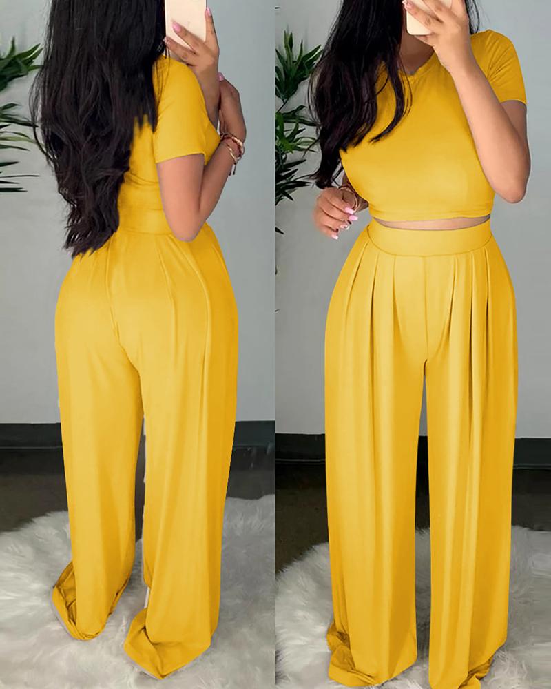 

Short Sleeve Casual Top & Ruched Palazzo Pants Set, Yellow