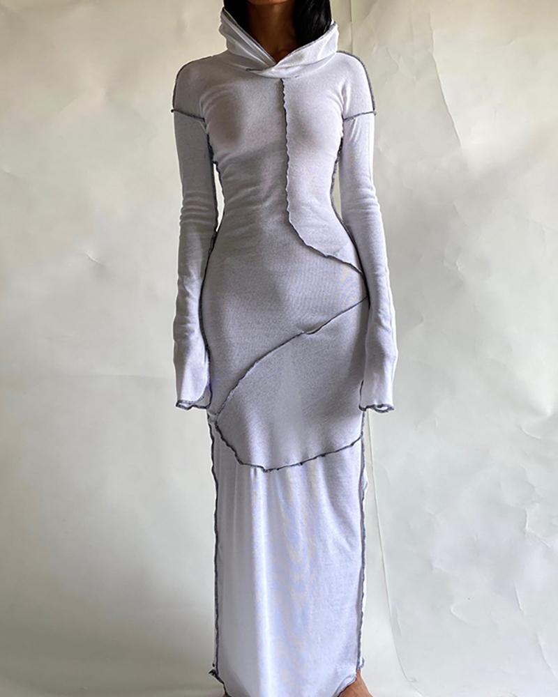 

Colorblock / Plain Flared Sleeve Hooded Maxi Dress, White