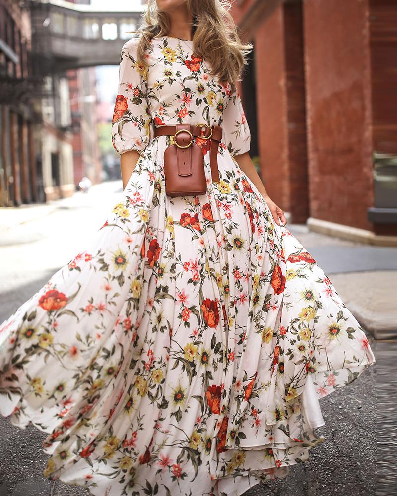 

Floral Print Half Sleeve Ruched Casual Maxi Women Dress, White