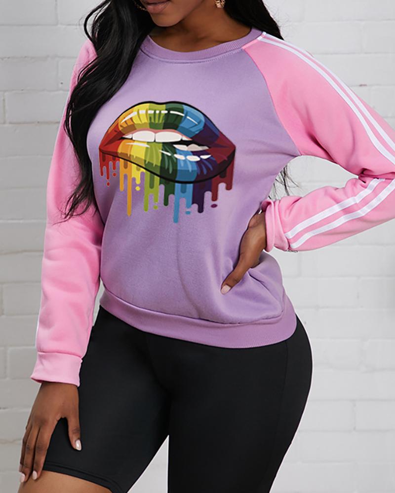 

Striped Tape Lip Print Long Sleeve Sweatshirt, Purple