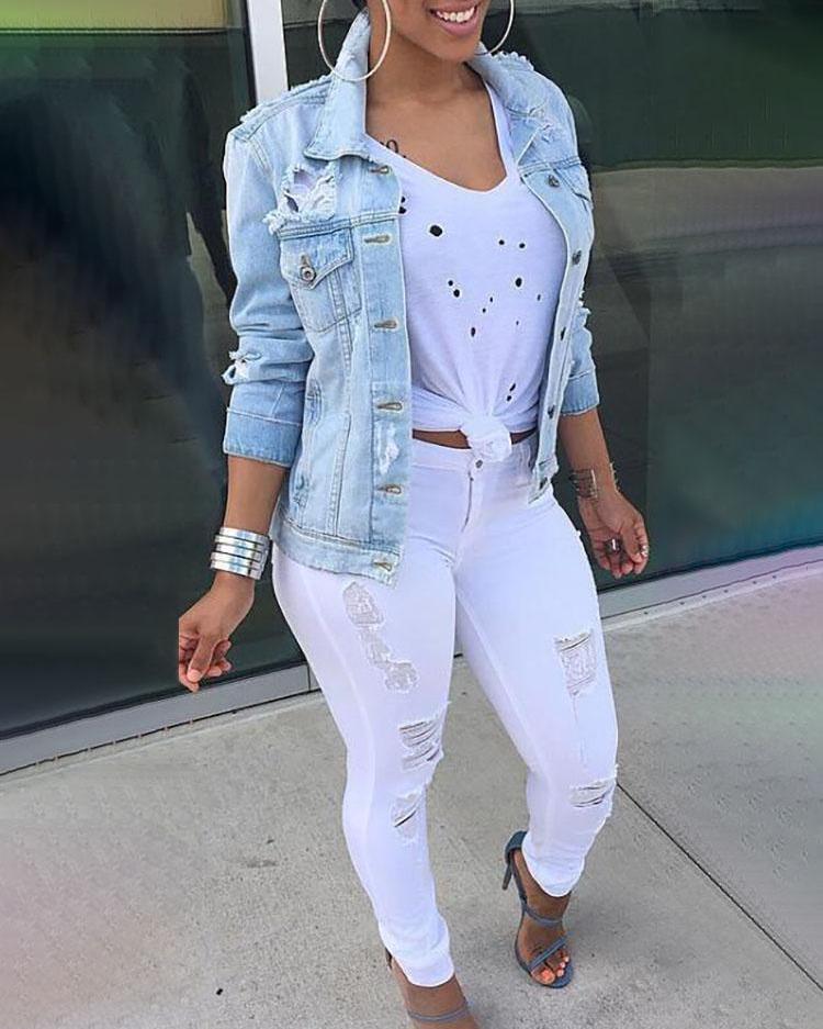 

Oversize Ripped Boyfriend Style Denim Coat, Light blue