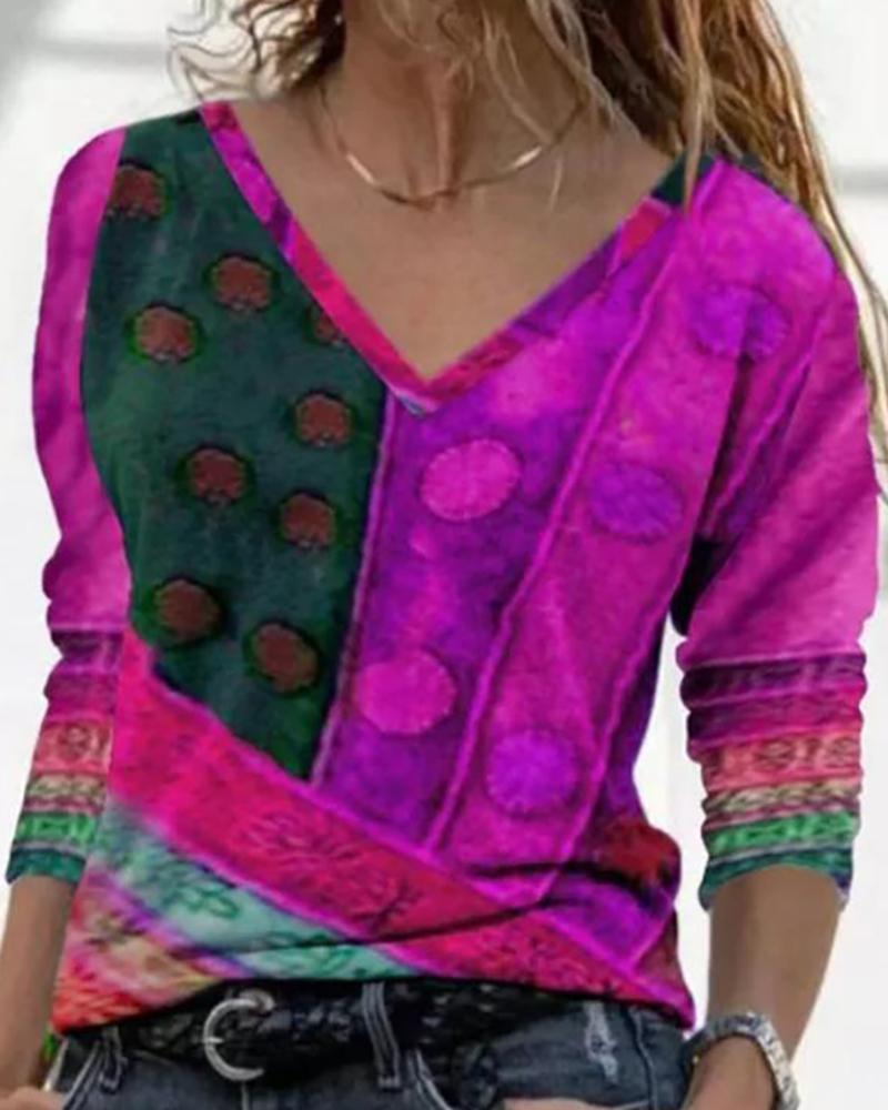 

V Neck Colorblock Long Sleeve Abstract Print Top, Purple