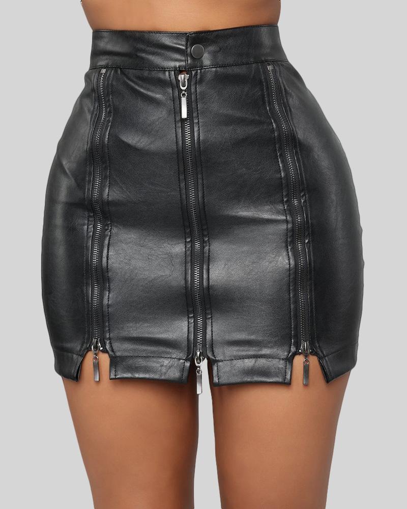 

Zipper Design Slit High Waist PU Skirt, Black