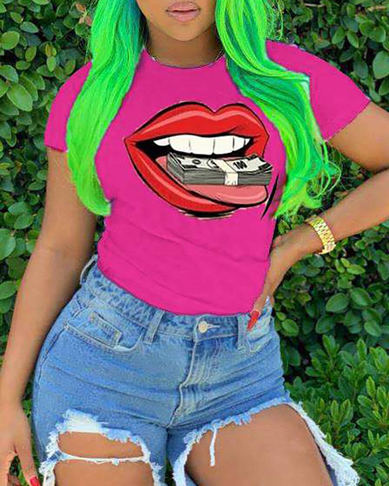 

Lip Print Short Sleeve Casual T-shirt, Hot pink