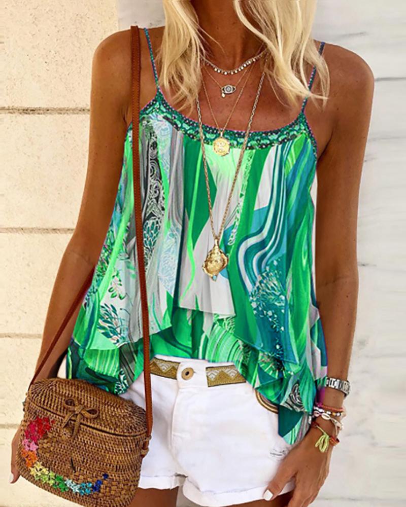 

Tie Dye Print Ruffles Casual Cami Women Top, Green