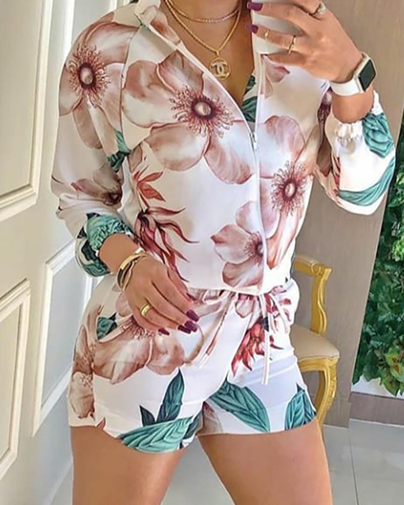 

Floral Print Zipper Design Top & Shorts Set, White