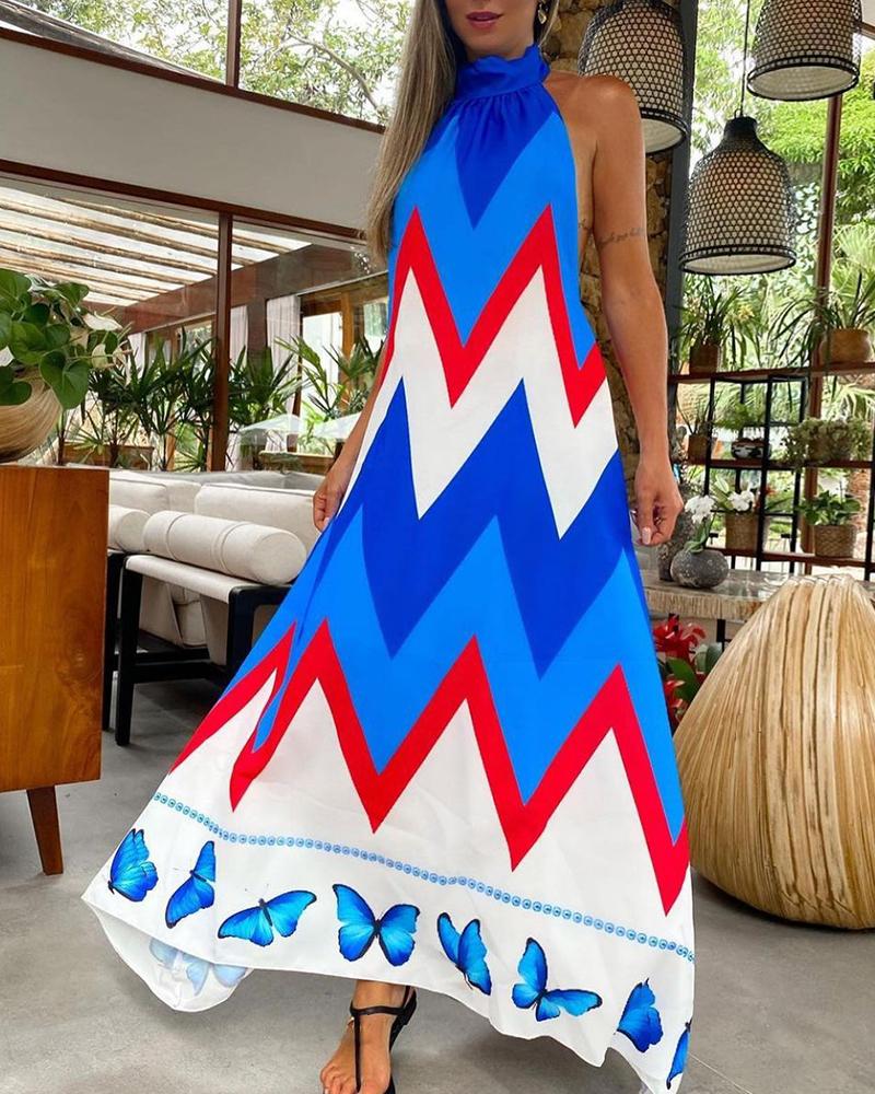 

Striped Butterfly Print Colorblock Backless Maxi Dress, Blue