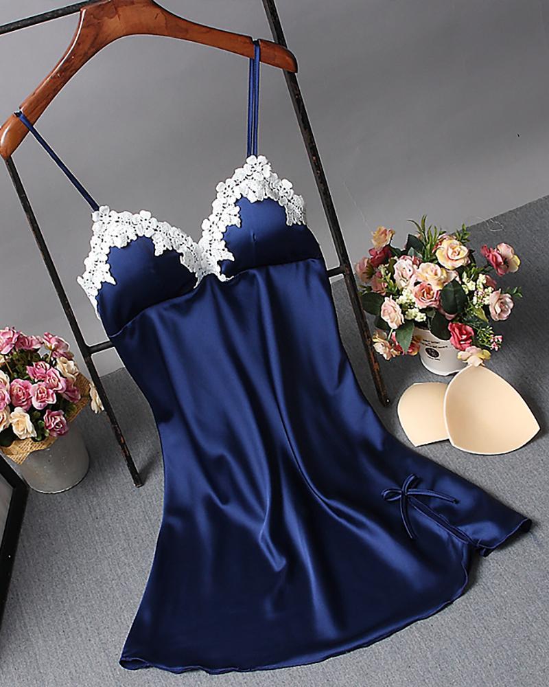 

Lace Trim Satin Spaghetti Strap Nightgown, Dark blue