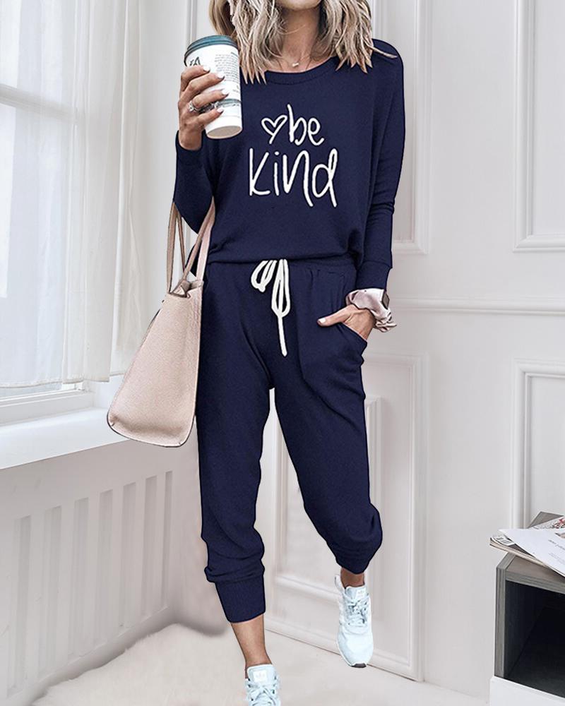 

Letter Print Long Sleeve T-shirt With Sweatpants Suit Sets, Purplish blue