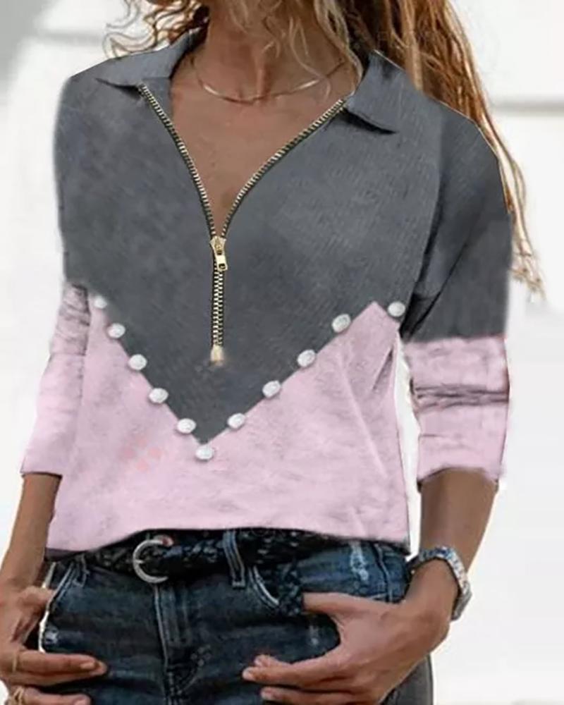 

Colorblock Zip Front Top, Gray