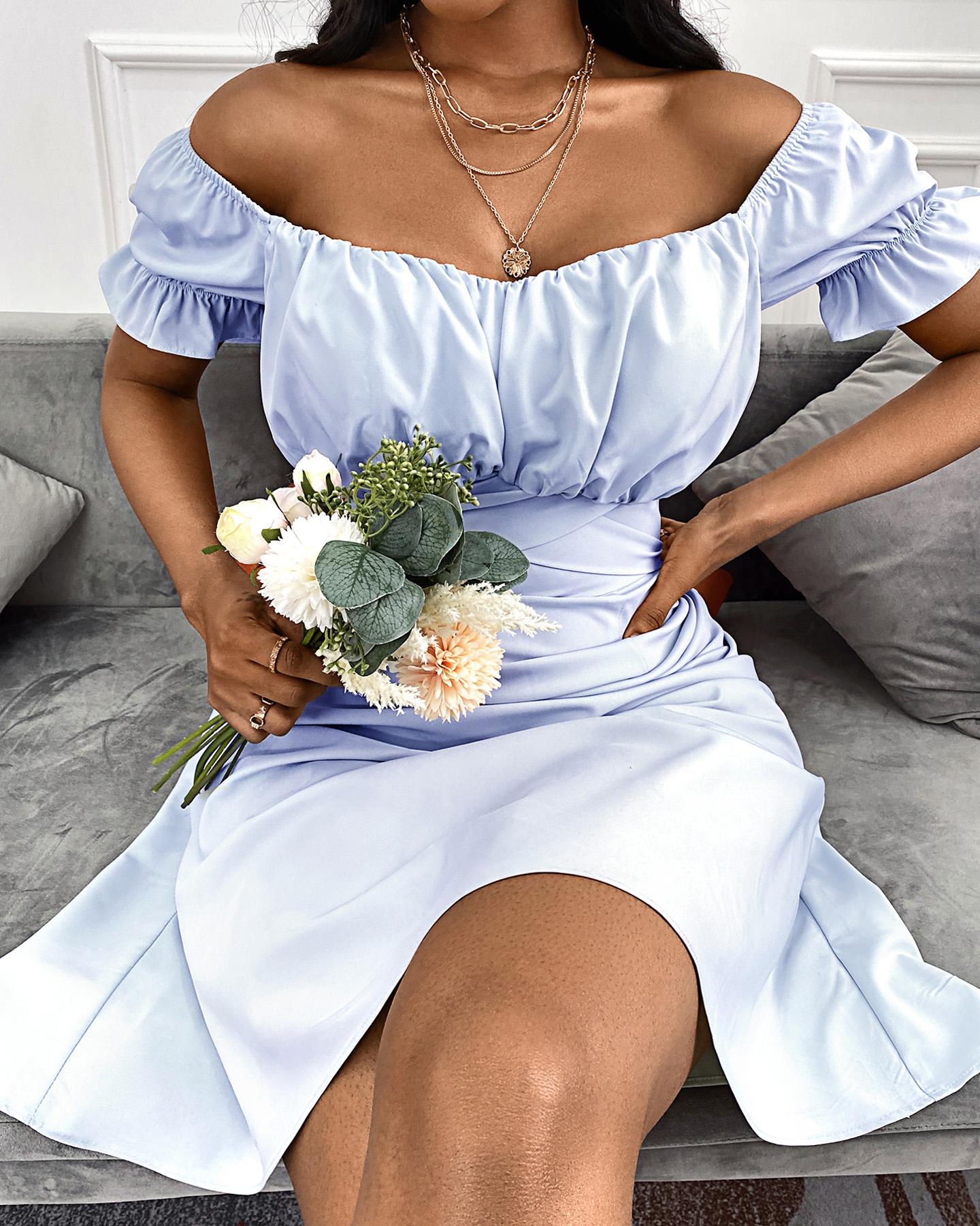 

Off Shoulder Ruched Ruffles Dress, Blue
