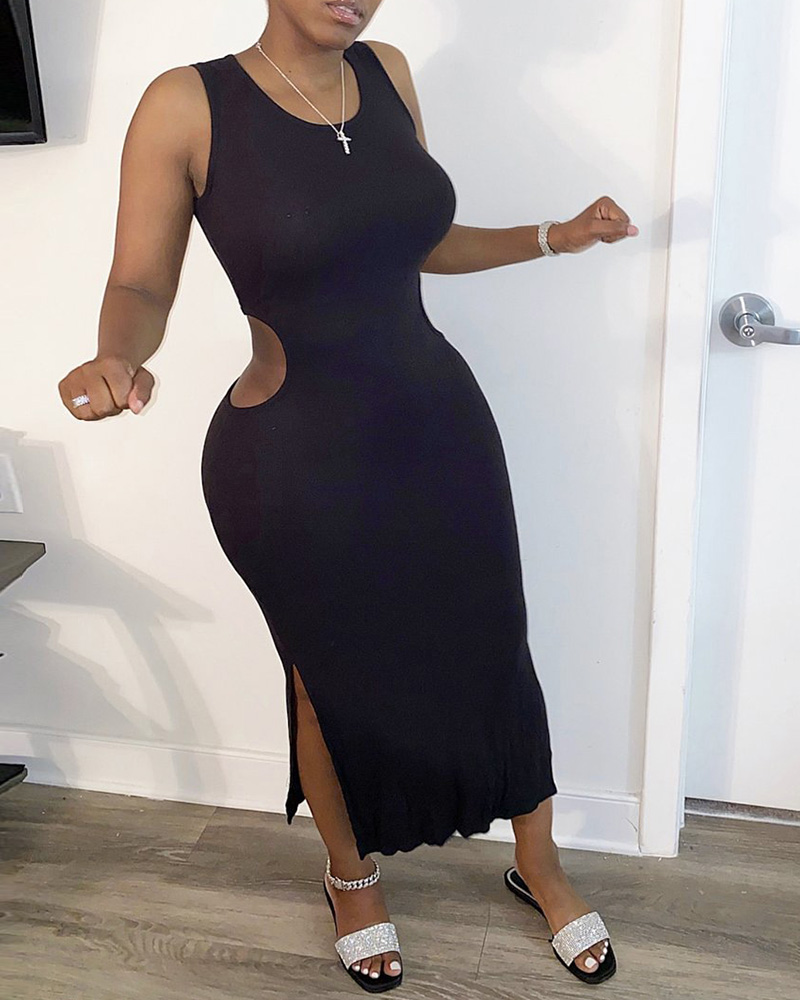 

Cutout Waist Sleeveless Slit Maxi Dress, Black
