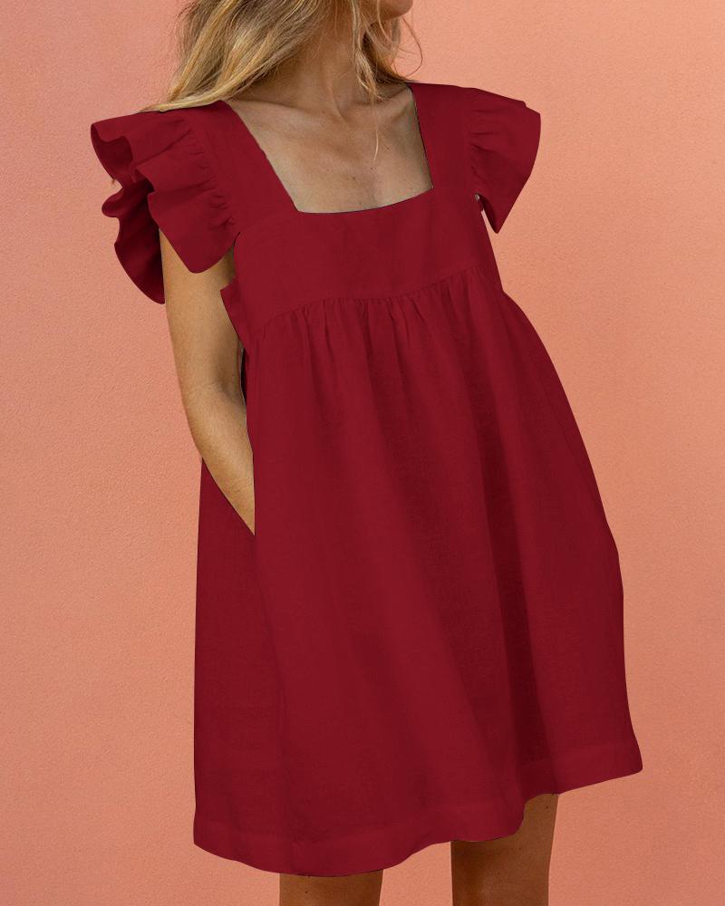 

Square Neck Ruffle Sleeve Dress, Wine red