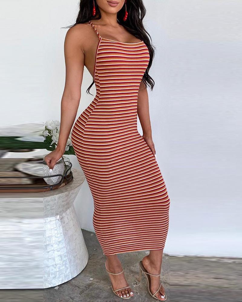 

Spaghetti Strap Striped Print Backless Bodycon Dress, Red
