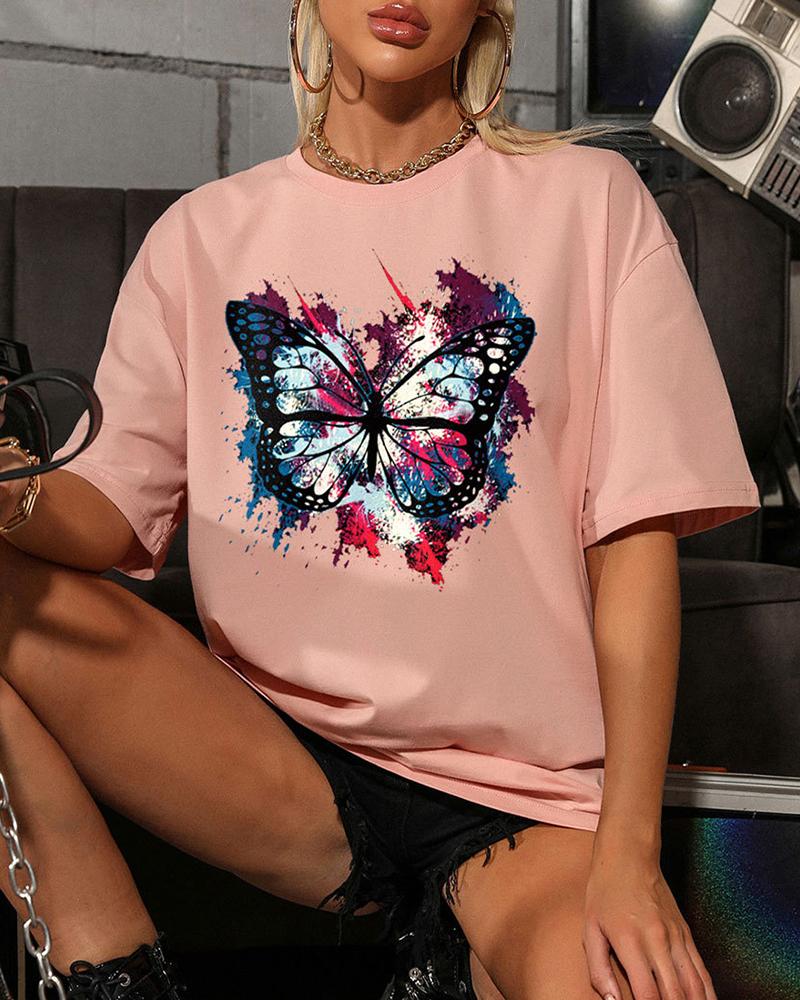 

Multicolor Butterfly Print Short Sleeve T-shirts, Pink