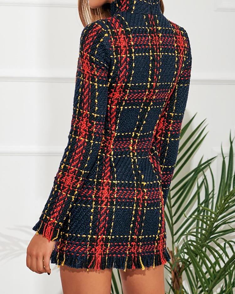 long sleeve frayed hem tweed dress