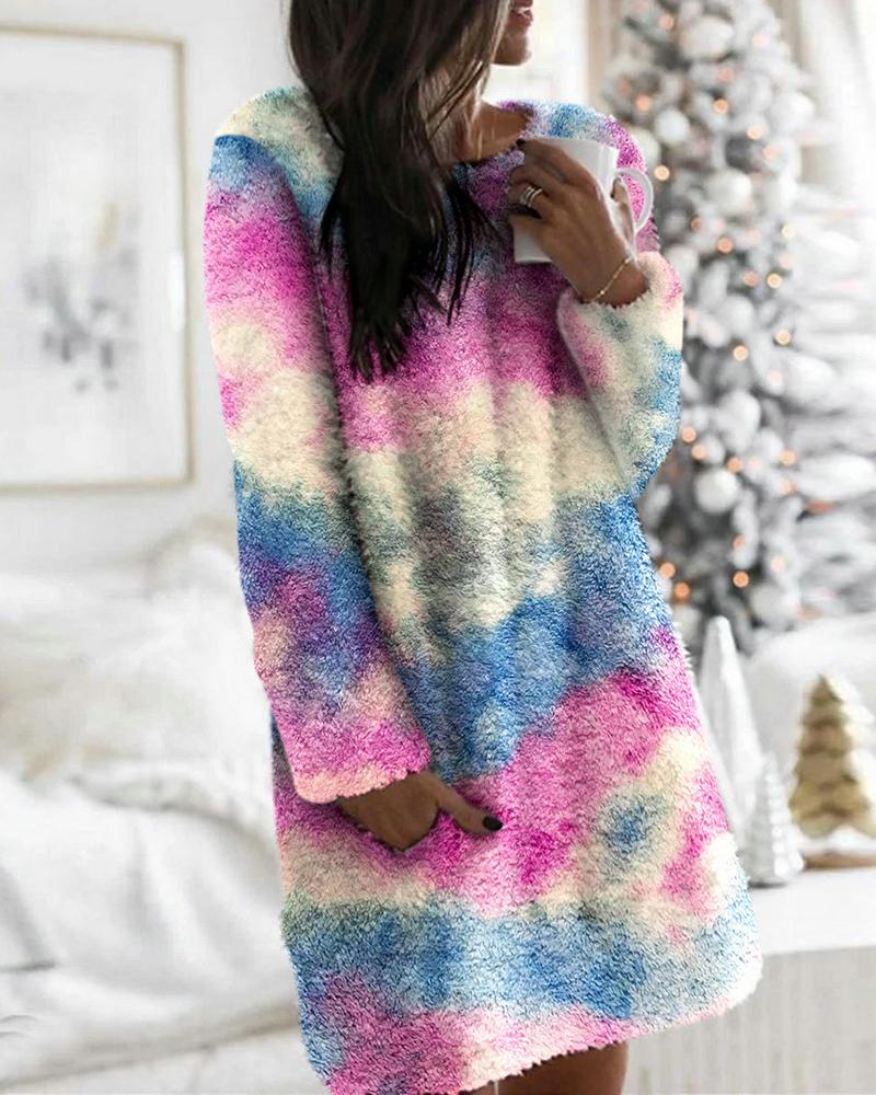 

Fluffy Tie Dye Cheetah Camouflage Print Casual Dress, Blue