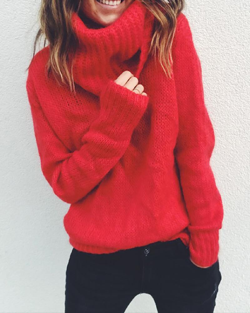 

Plain Long Sleeve Casual Knit Sweater, Red