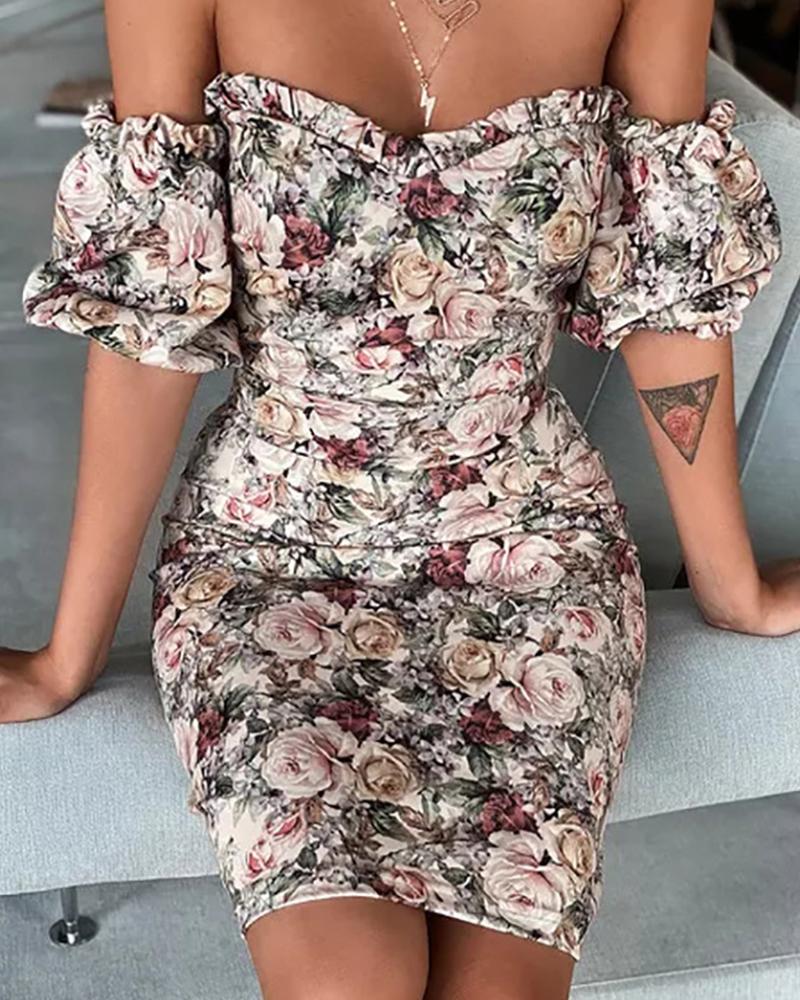 

Floral Print Frill Hem Off Shoulder Short Sleeve Skinny Ruched Mini Dress, Pink
