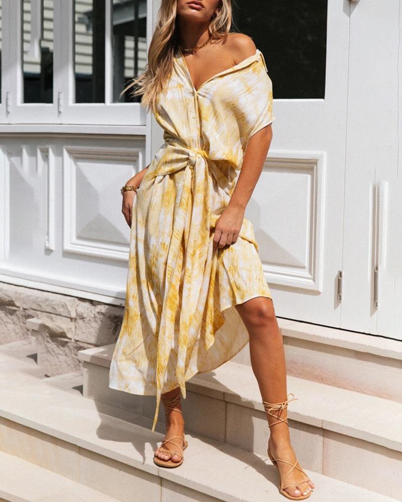 

Tie Dye Print Buttoned Tied Detail Maxi Dress, Yellow