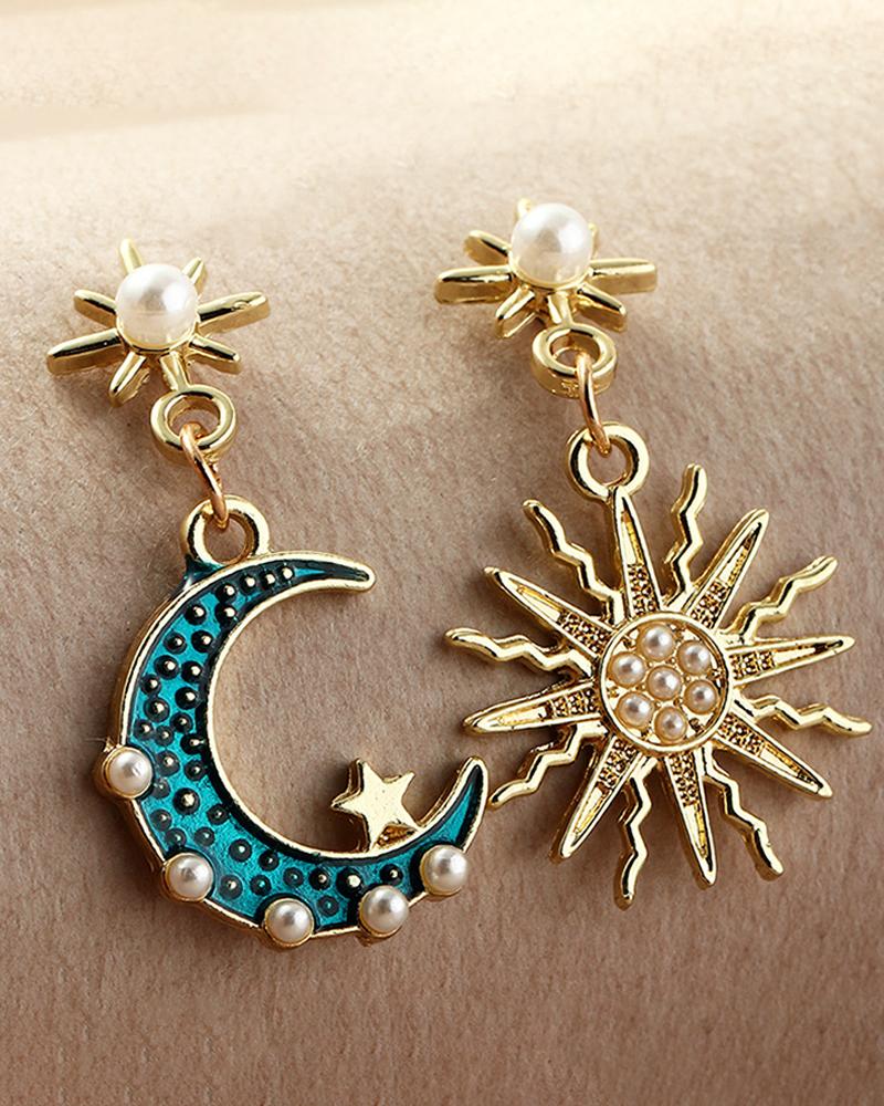 

Sun Moon Pattern Beaded Drop Earring, Gold