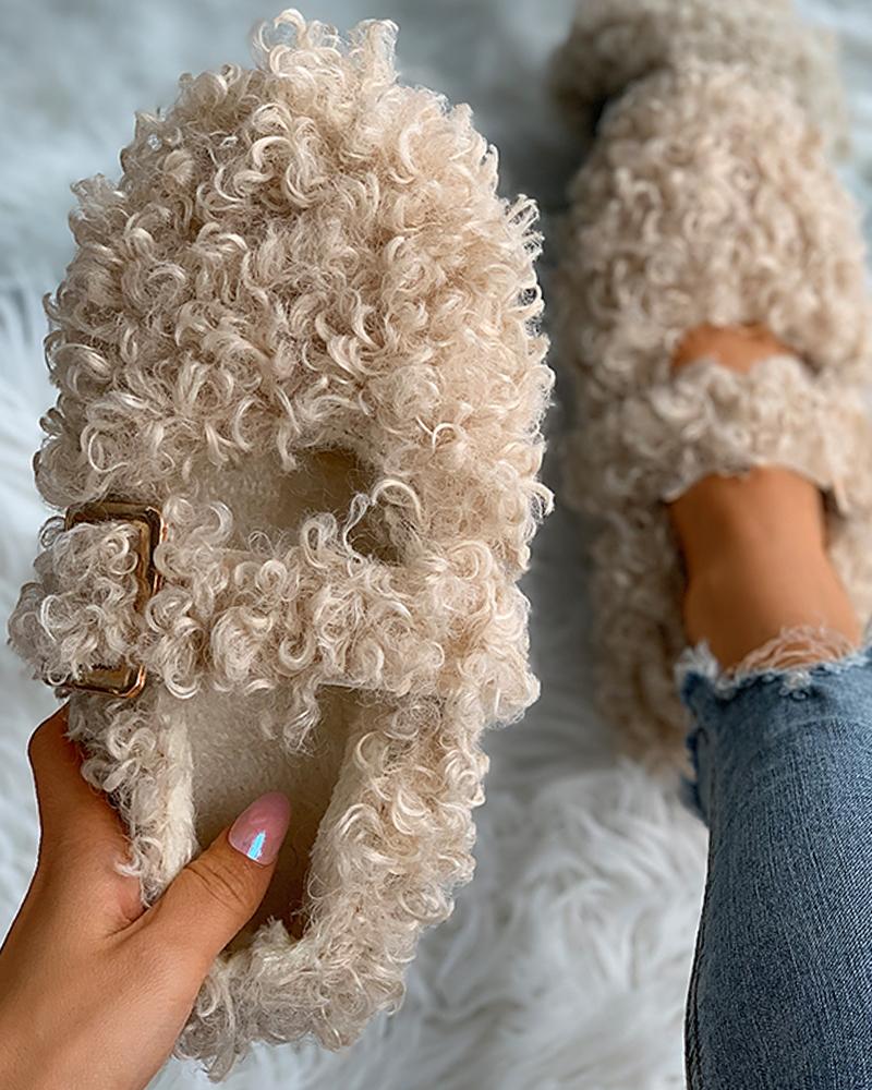 

Close Toe Buckled Fluffy Shoes, Khaki