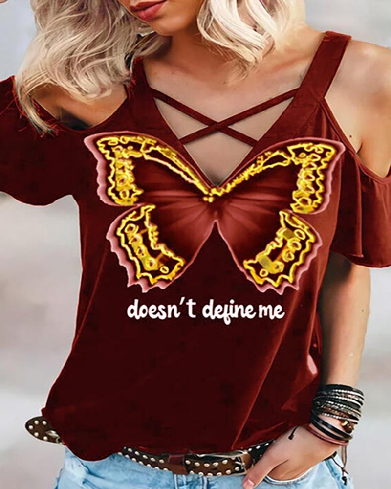 

Cold Shoulder Butterfly Letter Print Bandage Top, Red