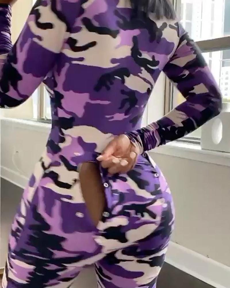 

Camouflage Print Functional Buttoned Design Jumpsuit, Purple